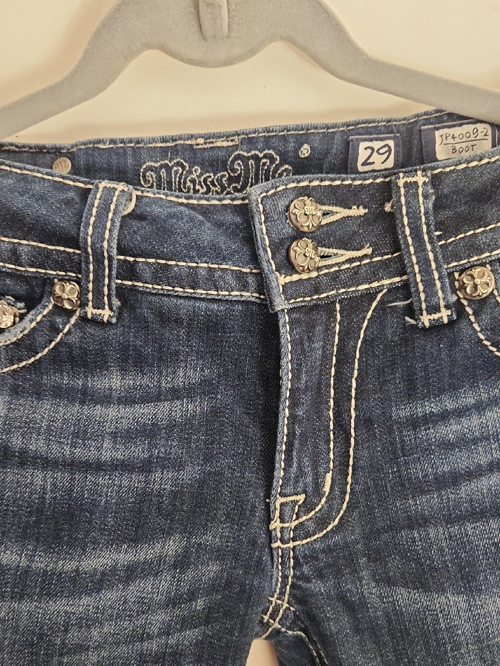 Miss Me Dark Blue Denim Jeans with Silver Floral Buttons SZ 29